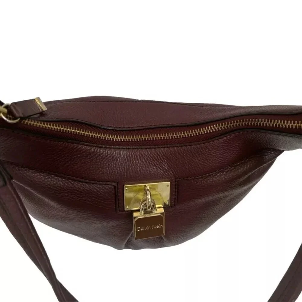 Calvin Klein Handbag Leather Satchel Burgundy Wine Shoulder Bag Tote Purse Fully
